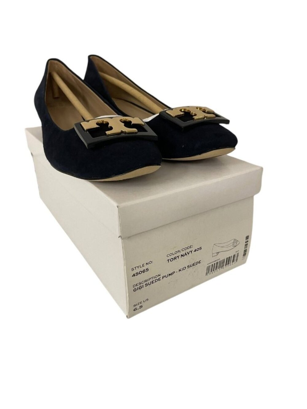 Tory Burch Gigi Suede Pump Sz 6.5 Womens Navy Blue Gold Logo Block Heel 45065